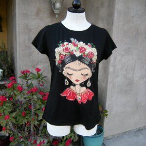 Frida Kahlo Jeweled Tee Shirt size L  by Kiss & Love